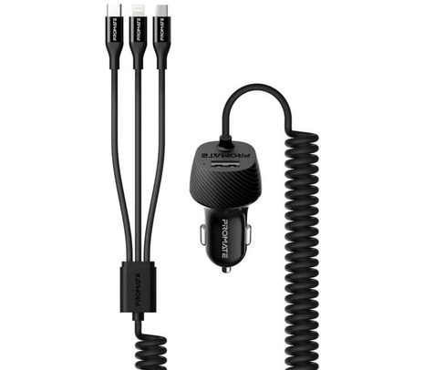 PROMATE VOLTRIP-UNI CARGADOR AUTO C/CABLE MICRO/USB-C/L (O)